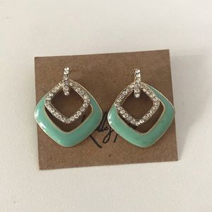 Vintage Enamel Rhinestone Stud Earrings Mint Green Geometric Fancy Pierced Studs